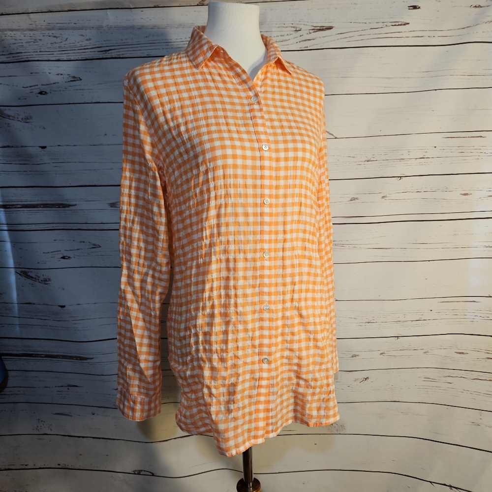 Womens Orange Gingham Checkered Button‎ Down Shirt Long Sleeve Casual Top